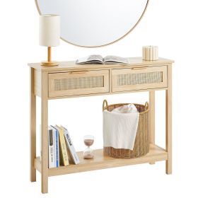 Rattan Console Table with 2 Storage Drawers, Rattan Entryway Table with Natural Rattan Sliding Door, Console Sofa Table for Living Room, Study