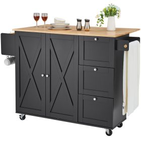 Kitchen Island Cart, 56" Wood Top Mobile Carts with Storage Cabinet, Rolling Table with Drop Leaf, Spice Rack, Towel Bar, Adjustable Shelf, Drawe